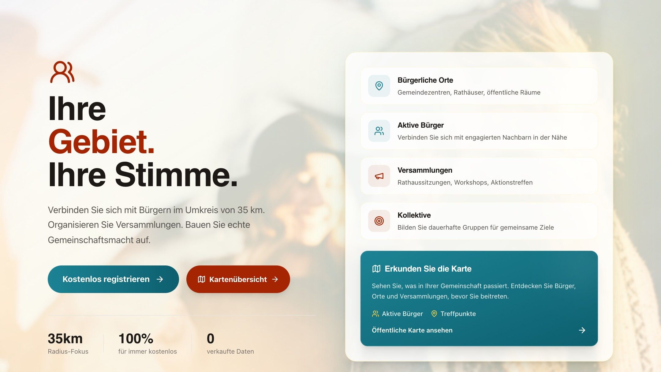 Startseite von Civic mit der Überschrift „Ihre Gebiet. Ihre Stimme.“ und einer Liste von Funktionen