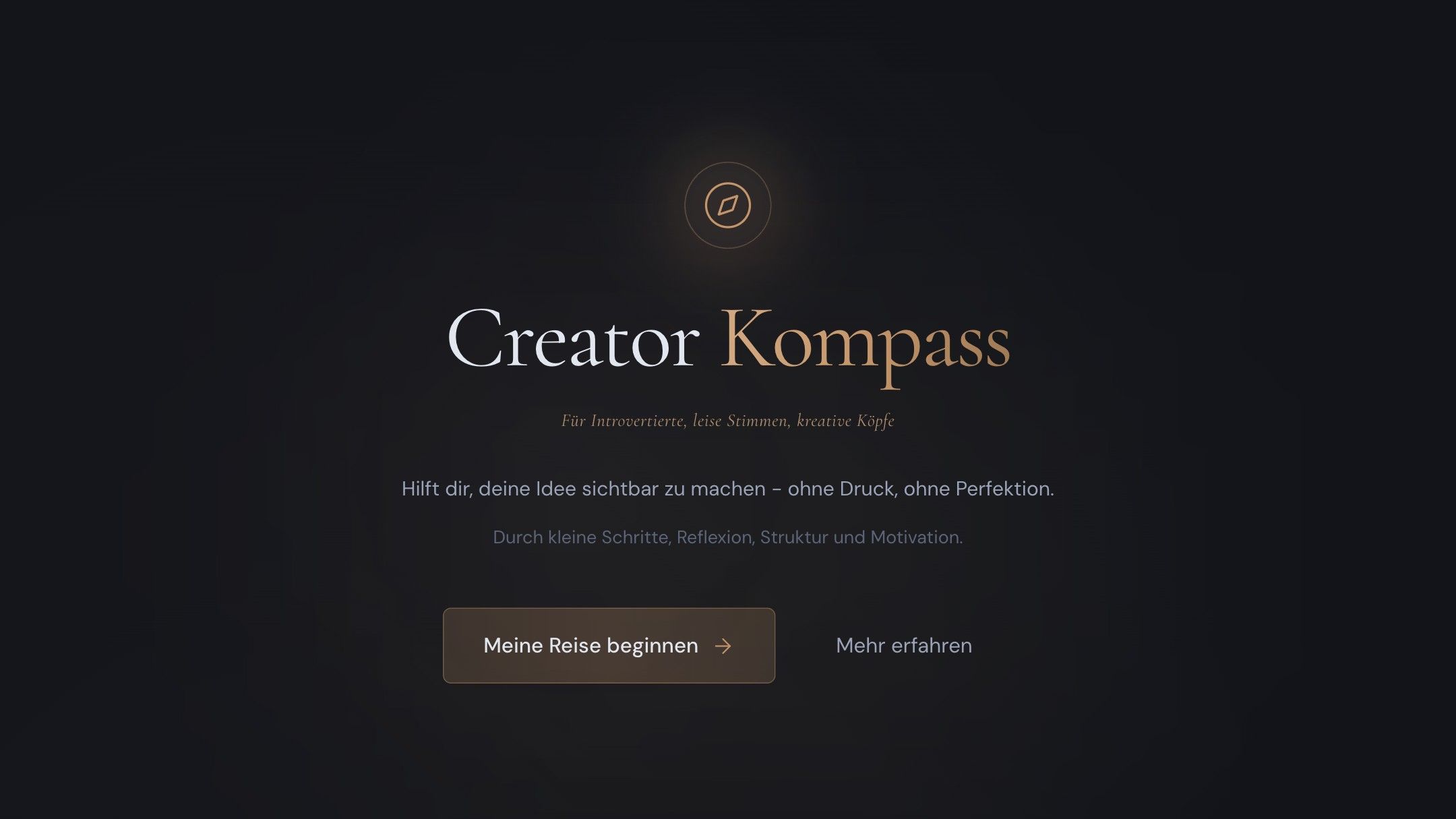 Startseite des Creator Kompass auf dunklem Grund