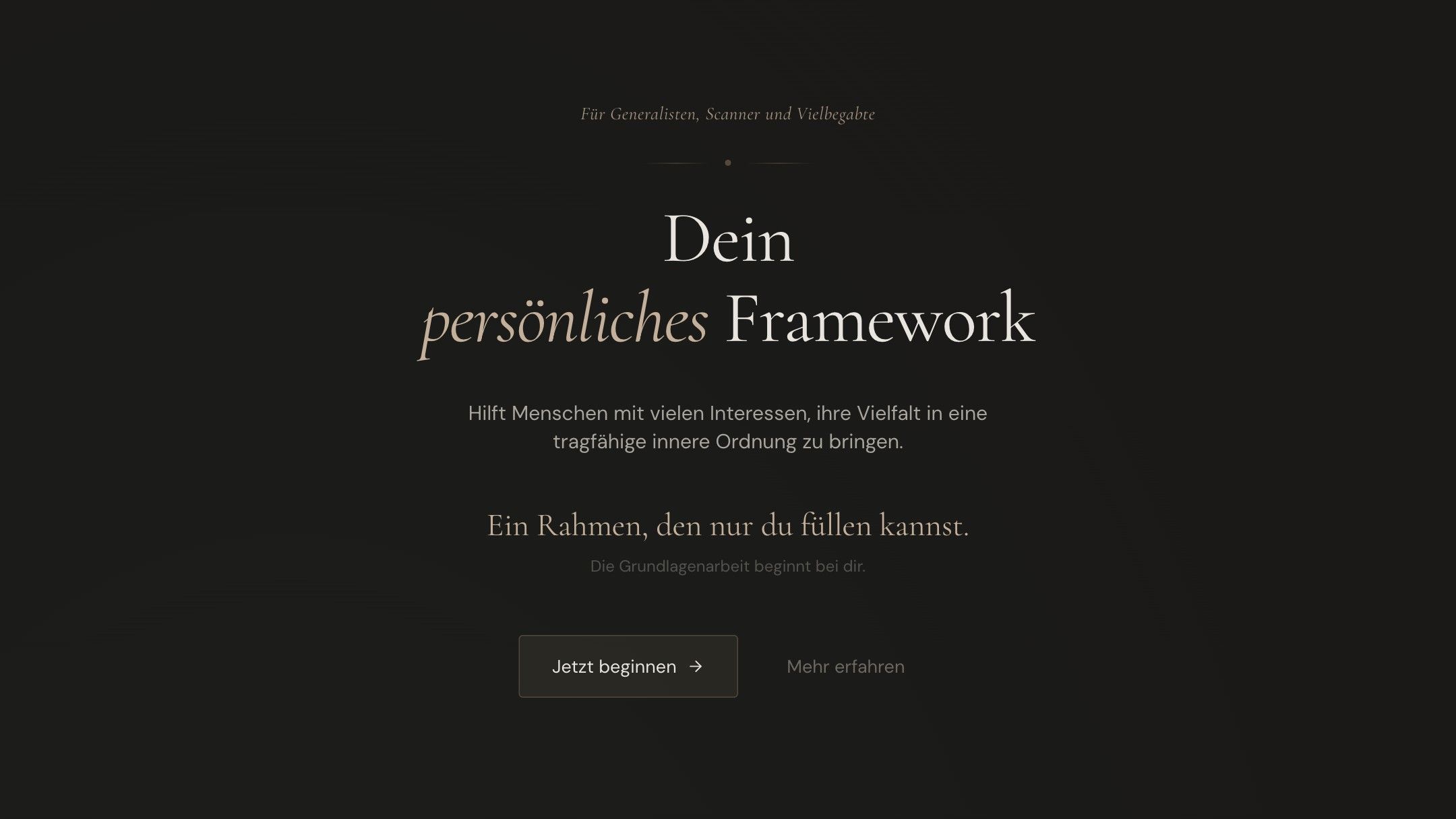 Startseite des Generalisten Framework mit der Überschrift „Dein persönliches Framework“