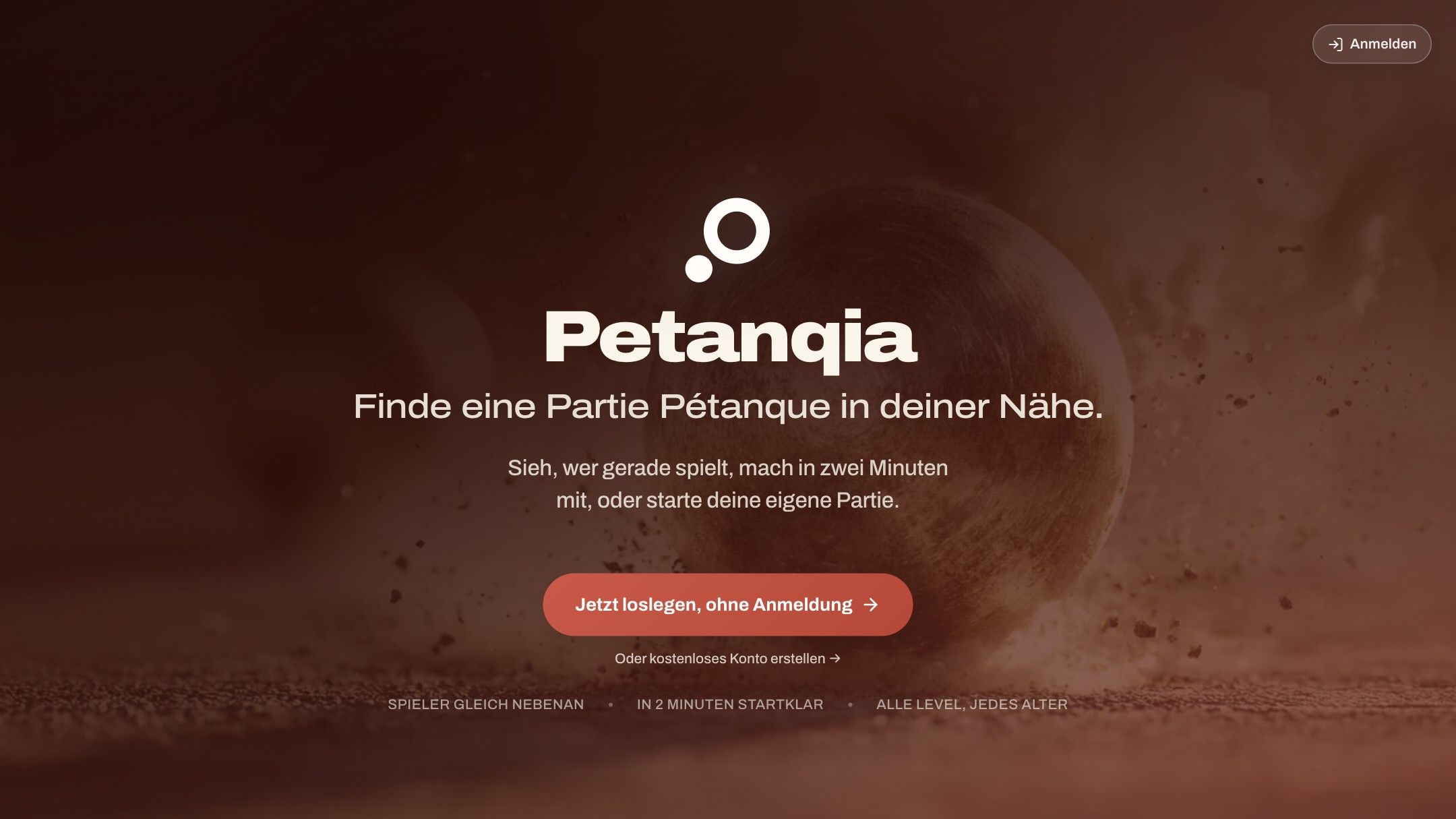 Startseite von Petanqia mit der Zeile „Finde eine Partie Pétanque in deiner Nähe“