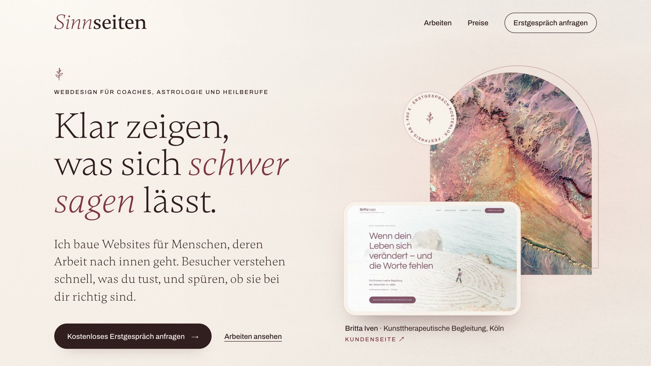 Startseite von Sinnseiten mit der Überschrift „Klar zeigen, was sich schwer sagen lässt“
