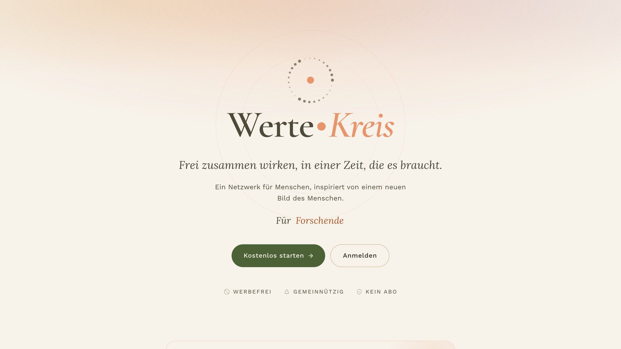 Startseite des Werte•Kreis mit dem Satz „Frei zusammen wirken, in einer Zeit, die es braucht“