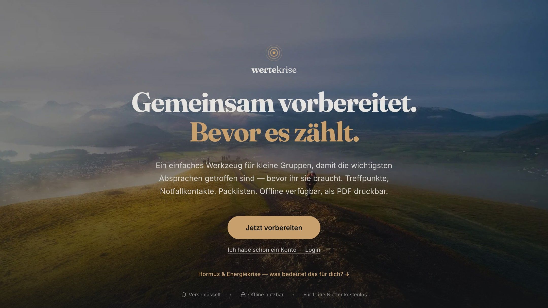 Startseite von Wertekrise mit der Überschrift „Gemeinsam vorbereitet. Bevor es zählt.“